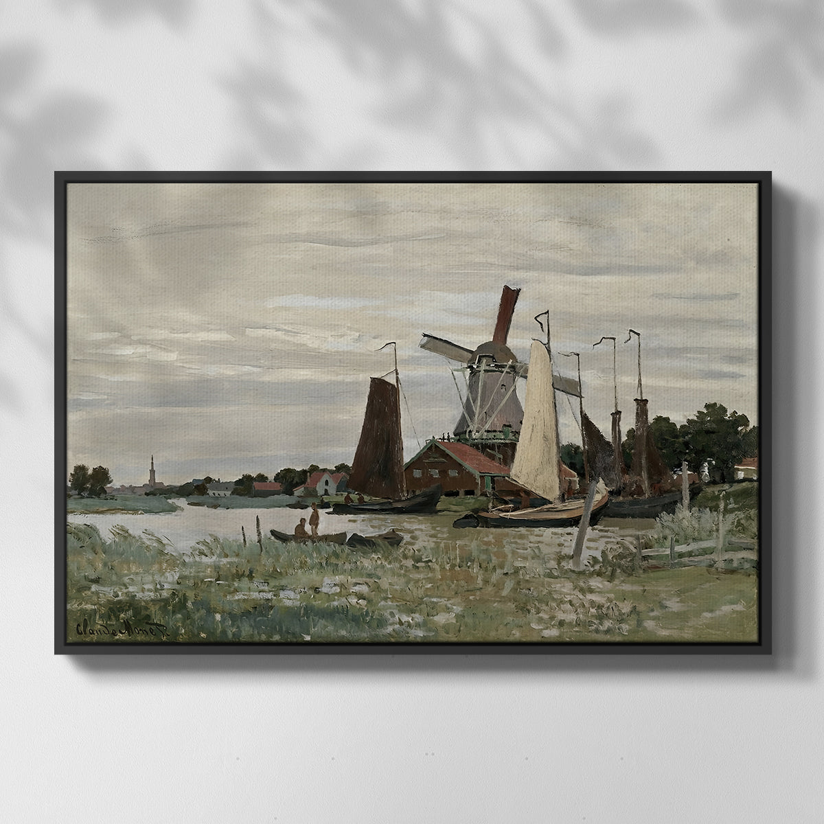 Front view of Windmill at Zaandam, 1871 by Claude Monet in a black floater framed canvas.