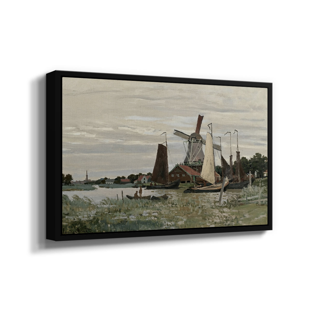 Angled view of Windmill at Zaandam, 1871 by Claude Monet in a black floater framed canvas.