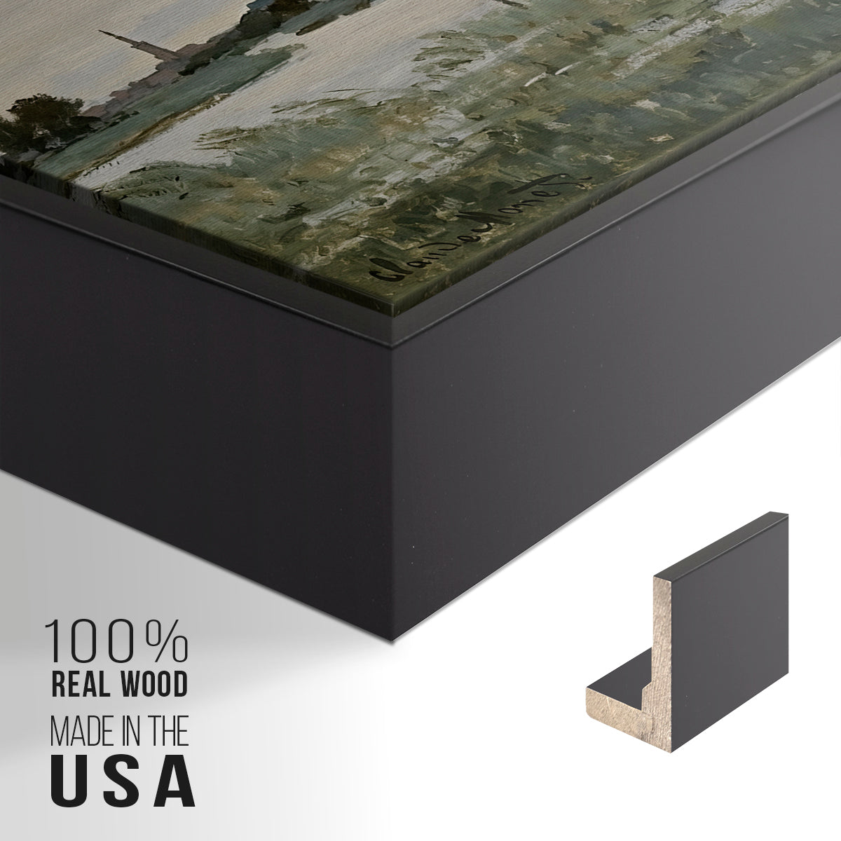 Close-up of the black floater frame corner and gallery wrapped canvas construction.