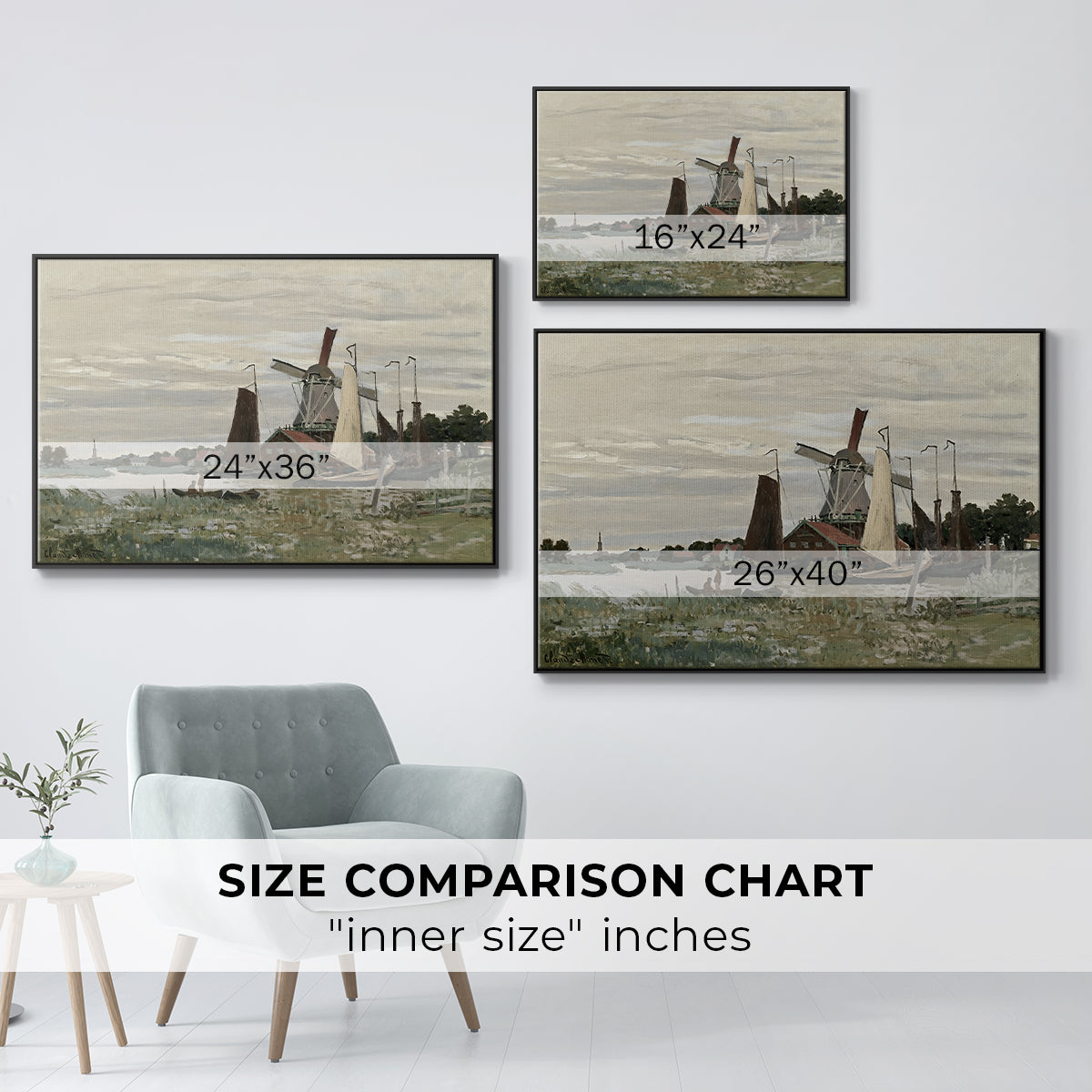 Size comparison chart for black floater framed canvas featuring Windmill at Zaandam, 1871 by Claude Monet.