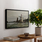 Windmill at Zaandam, 1871 by Claude Monet, presented in a black floater framed canvas featuring a single windmill beside water with surrounding buildings and sky, displayed above a hallway console table.