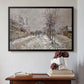 Black floater framed canvas featuring The Boulevard de Pontoise at Argenteuil, Snow Effect, 1875 by Claude Monet above an entryway table in a minimalist foyer.