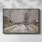 Front view of The Boulevard de Pontoise at Argenteuil, Snow Effect, 1875 by Claude Monet in a black floater framed canvas.