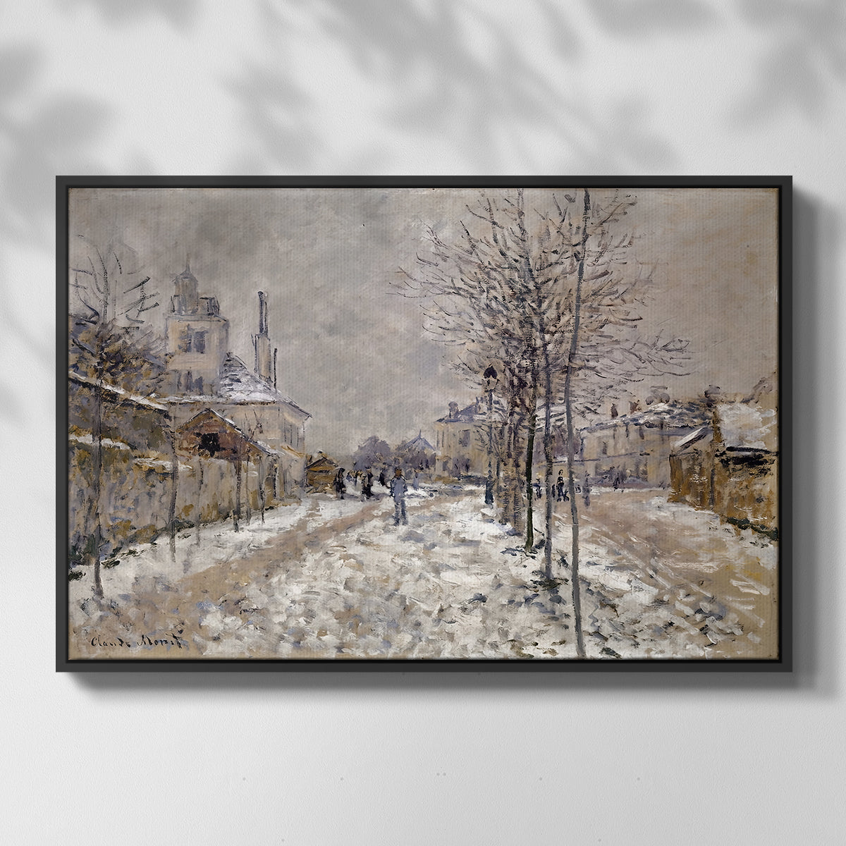 Front view of The Boulevard de Pontoise at Argenteuil, Snow Effect, 1875 by Claude Monet in a black floater framed canvas.