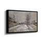Angled view of The Boulevard de Pontoise at Argenteuil, Snow Effect, 1875 by Claude Monet in a black floater framed canvas.
