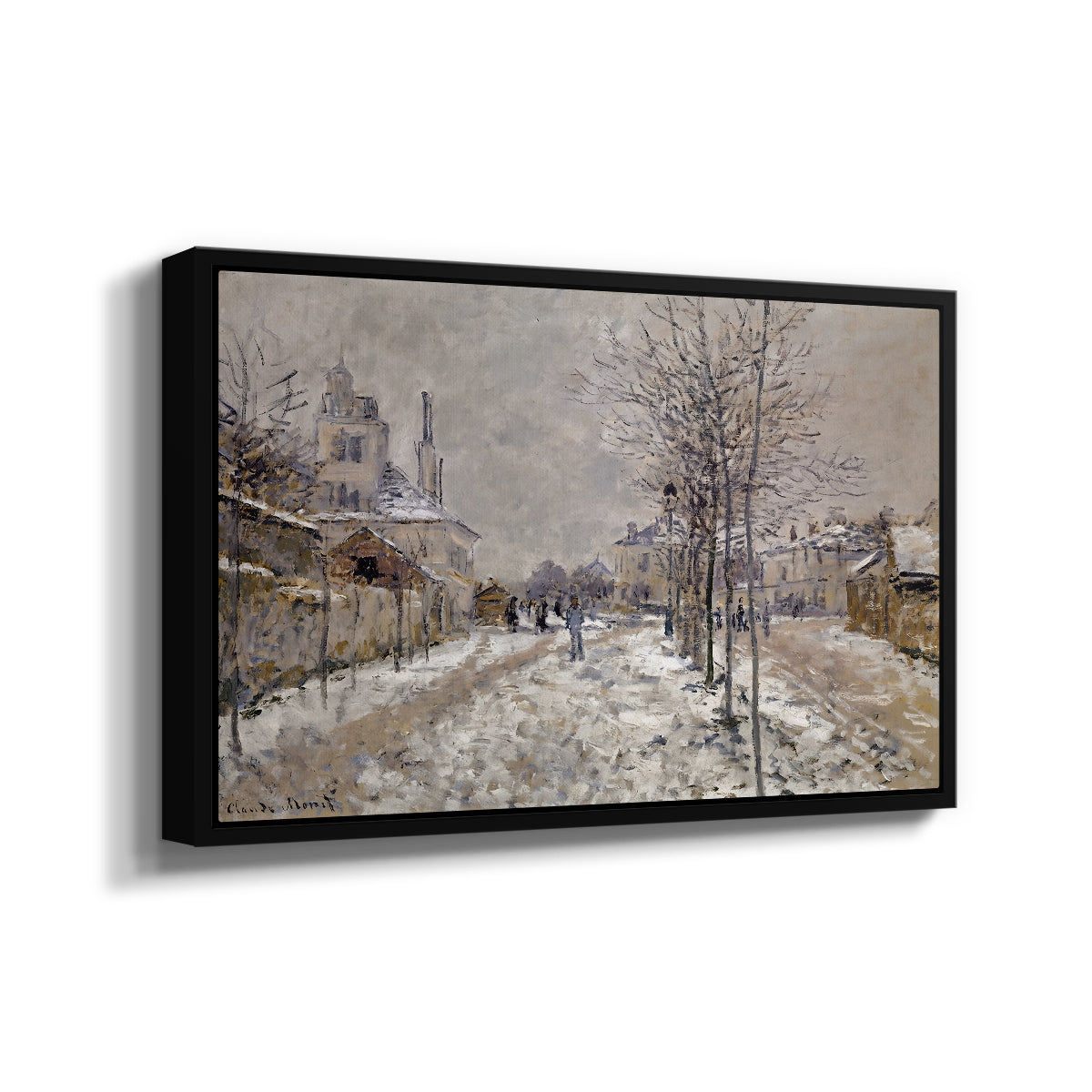 Angled view of The Boulevard de Pontoise at Argenteuil, Snow Effect, 1875 by Claude Monet in a black floater framed canvas.