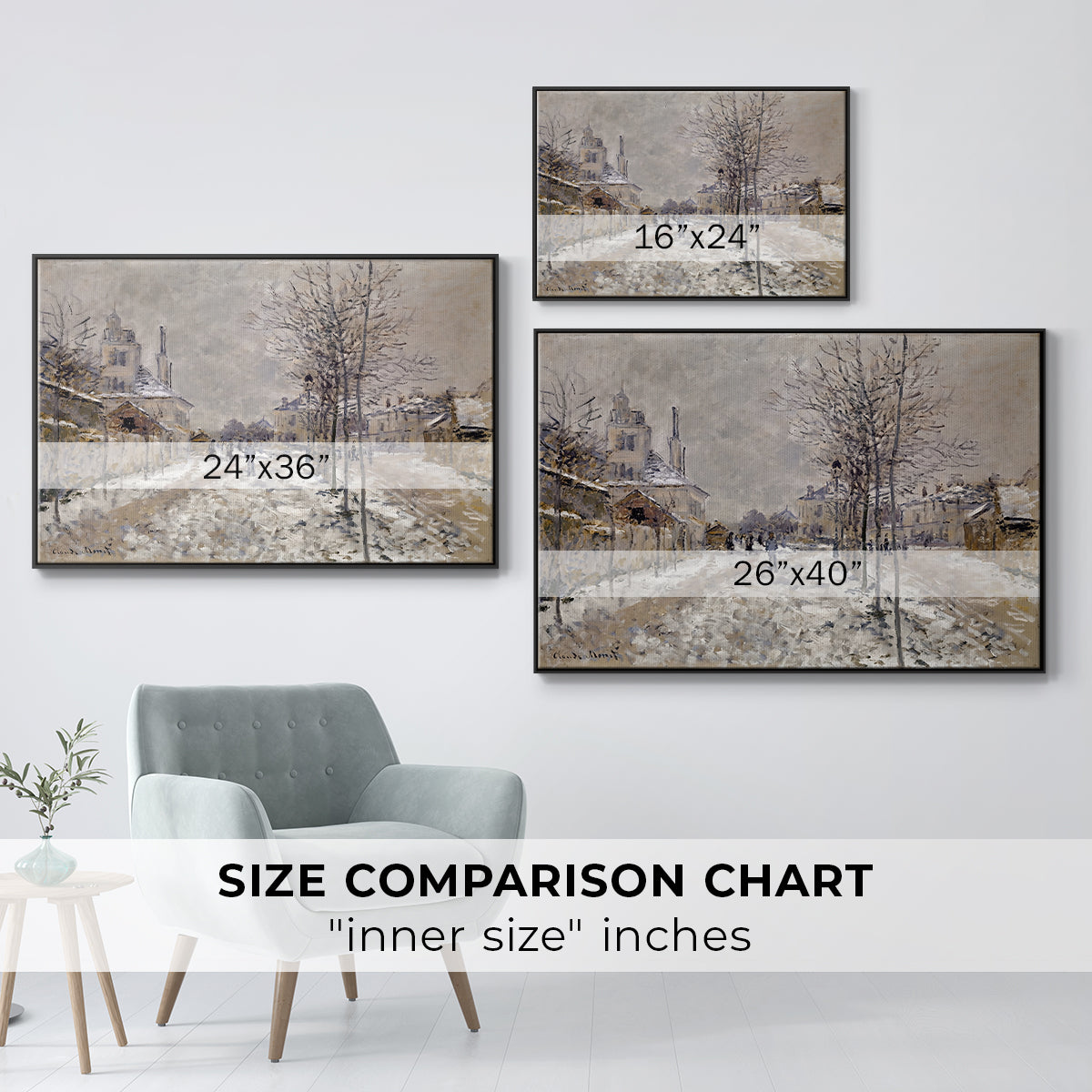 Size comparison chart for black floater framed canvas featuring The Boulevard de Pontoise at Argenteuil, Snow Effect, 1875 by Claude Monet.