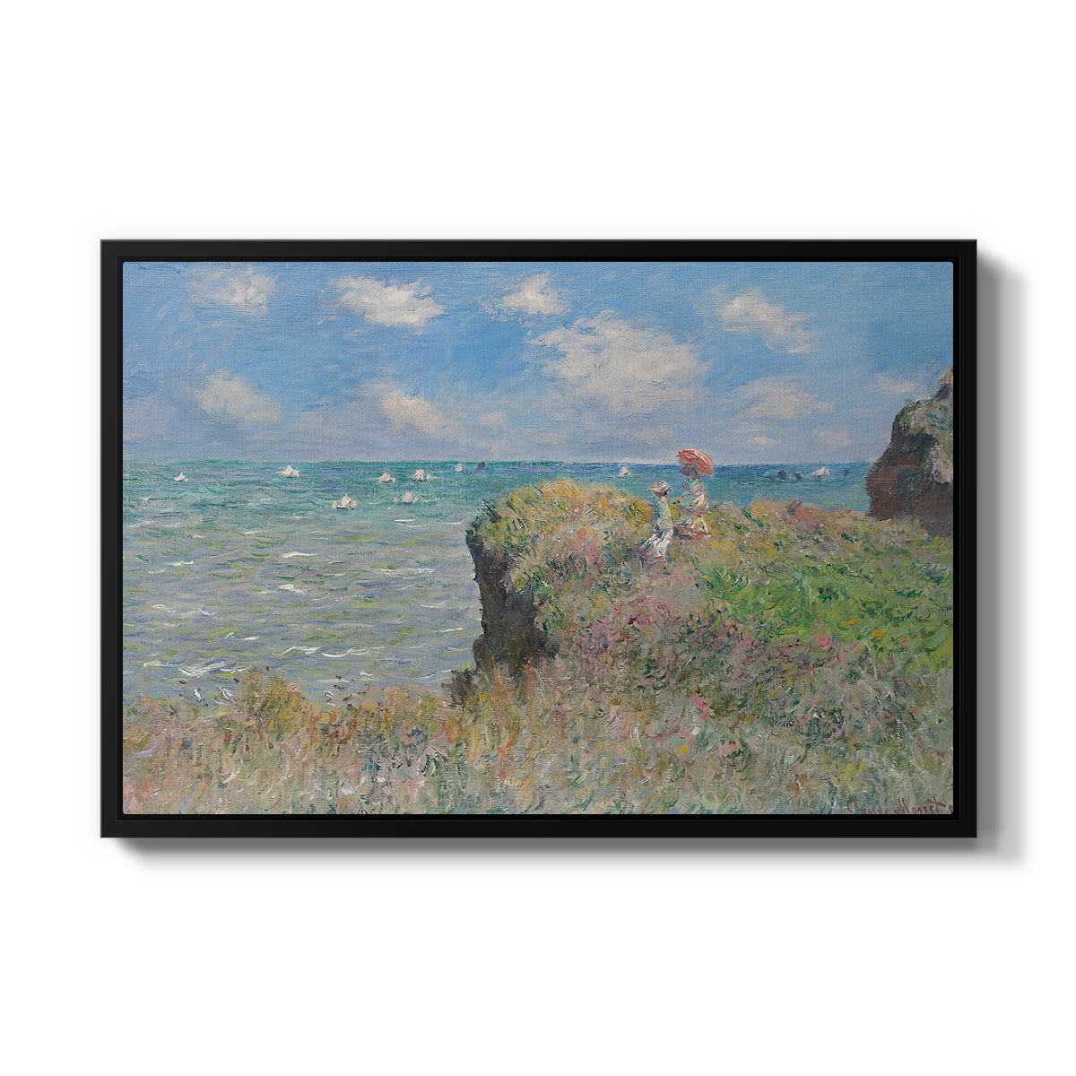 The Cliff Walk at Pourville, 1882 by Claude Monet in a black floater framed canvas wall art display.