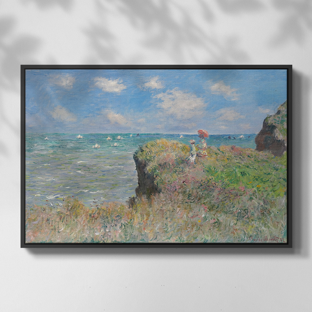 Front view of The Cliff Walk at Pourville, 1882 by Claude Monet in a black floater framed canvas.