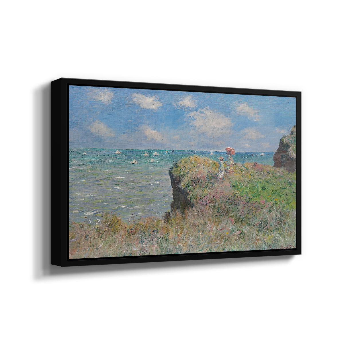 Angled view of The Cliff Walk at Pourville, 1882 by Claude Monet in a black floater framed canvas.