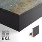 Close-up of the black floater frame corner and gallery wrapped canvas construction.