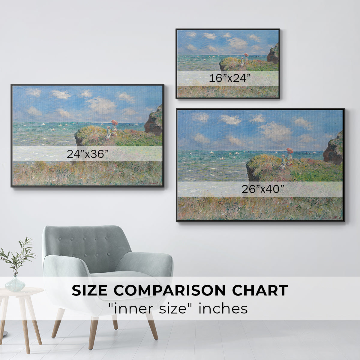 Size comparison chart for black floater framed canvas featuring The Cliff Walk at Pourville, 1882 by Claude Monet.