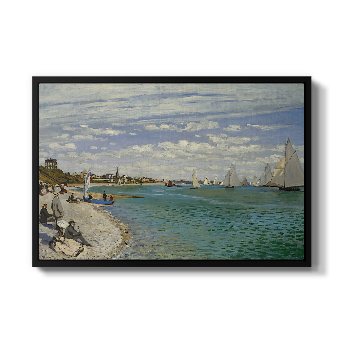 Regatta at Sainte-Adresse, 1867 by Claude Monet in a black floater framed canvas wall art display.