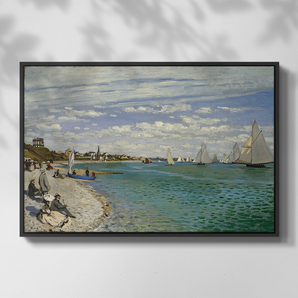 Front view of Regatta at Sainte-Adresse, 1867 by Claude Monet in a black floater framed canvas.