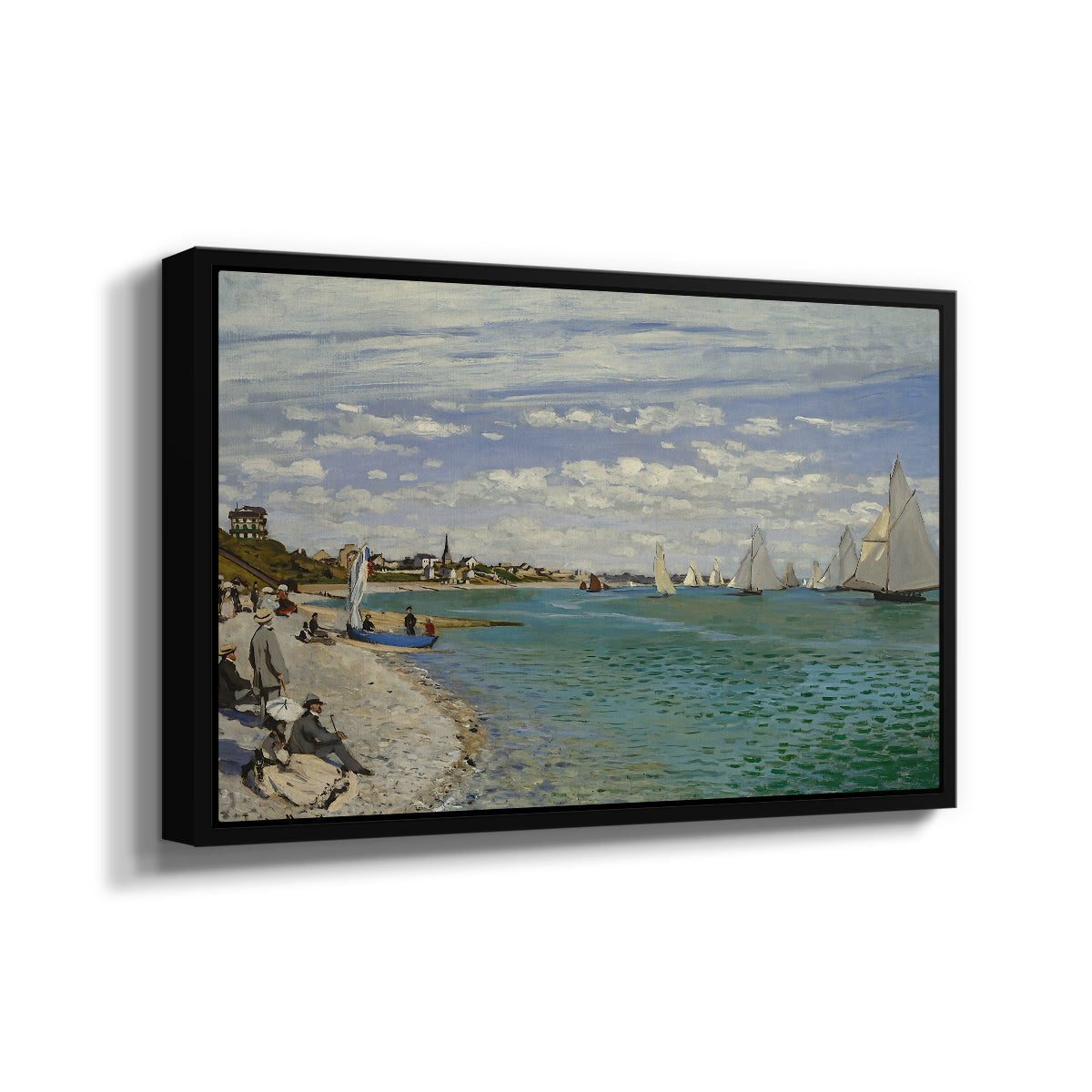 Angled view of Regatta at Sainte-Adresse, 1867 by Claude Monet in a black floater framed canvas.