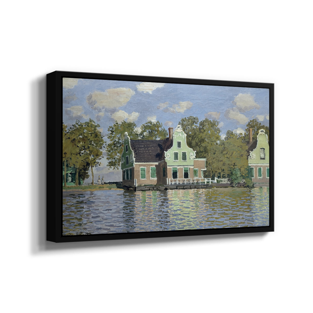 Angled view of Houses on the Zaan River at Zaandam, 1871 by Claude Monet in a black floater framed canvas.