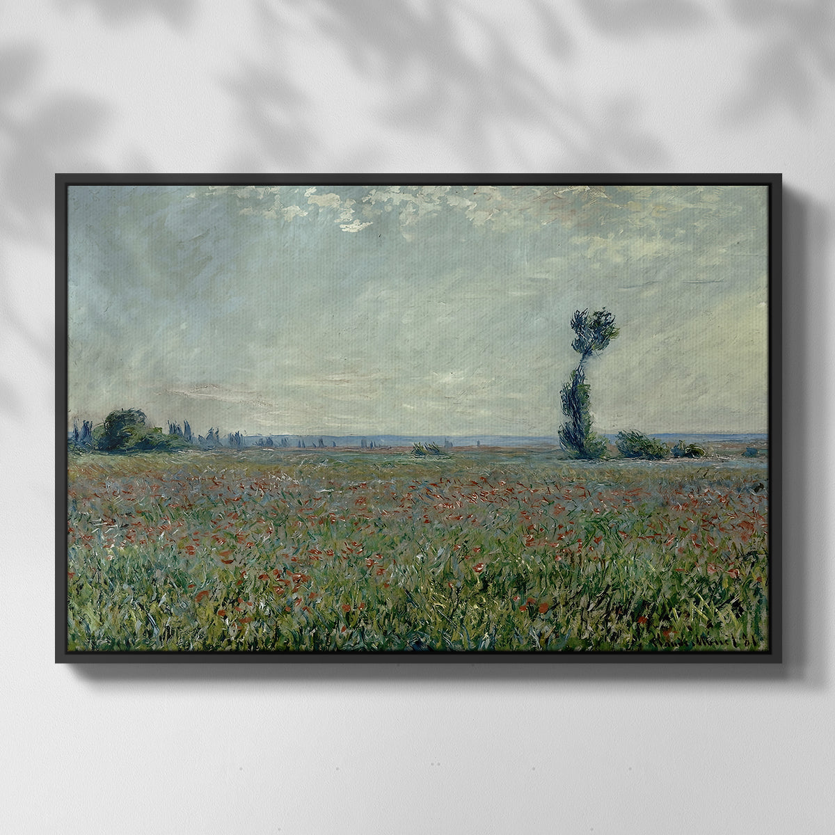 Front view of Poppy Field, 1881 by Claude Monet in a black floater framed canvas.