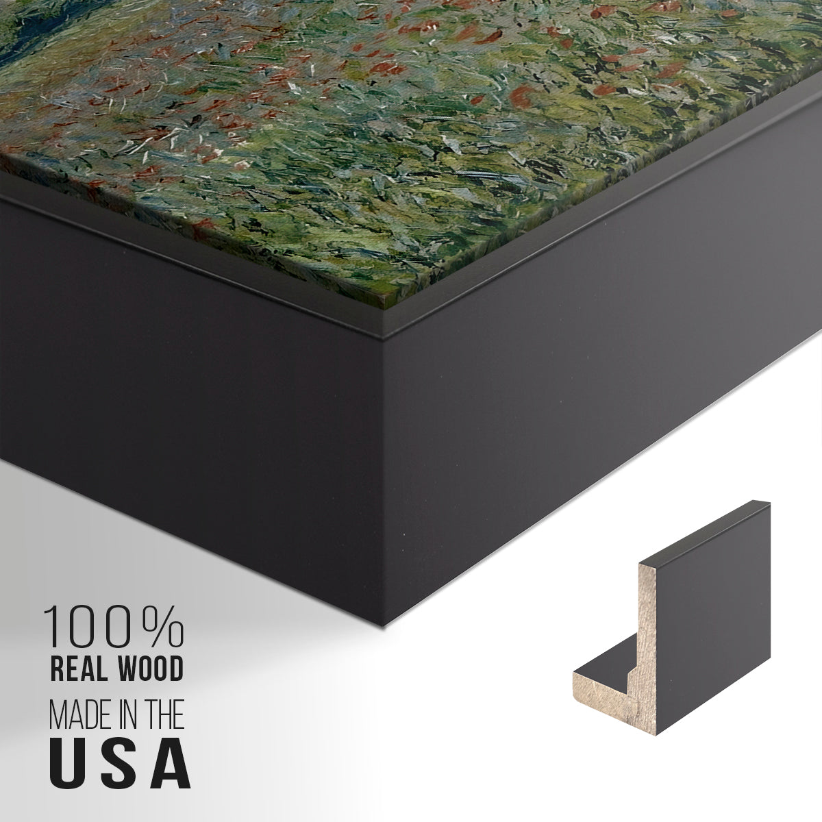 Close-up of the black floater frame corner and gallery wrapped canvas construction.