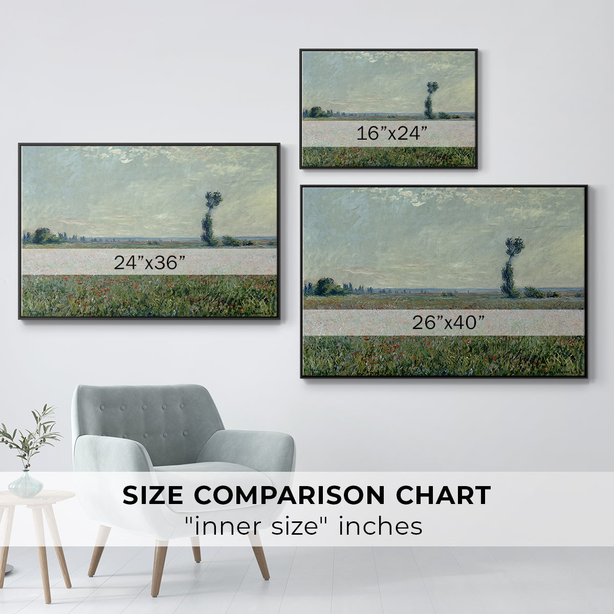 Size comparison chart for black floater framed canvas featuring Poppy Field, 1881 by Claude Monet.