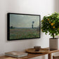 Poppy Field, 1881 by Claude Monet, presented in a black floater framed canvas featuring a wide field of red poppies stretching across countryside under open sky, displayed above a hallway console table.
