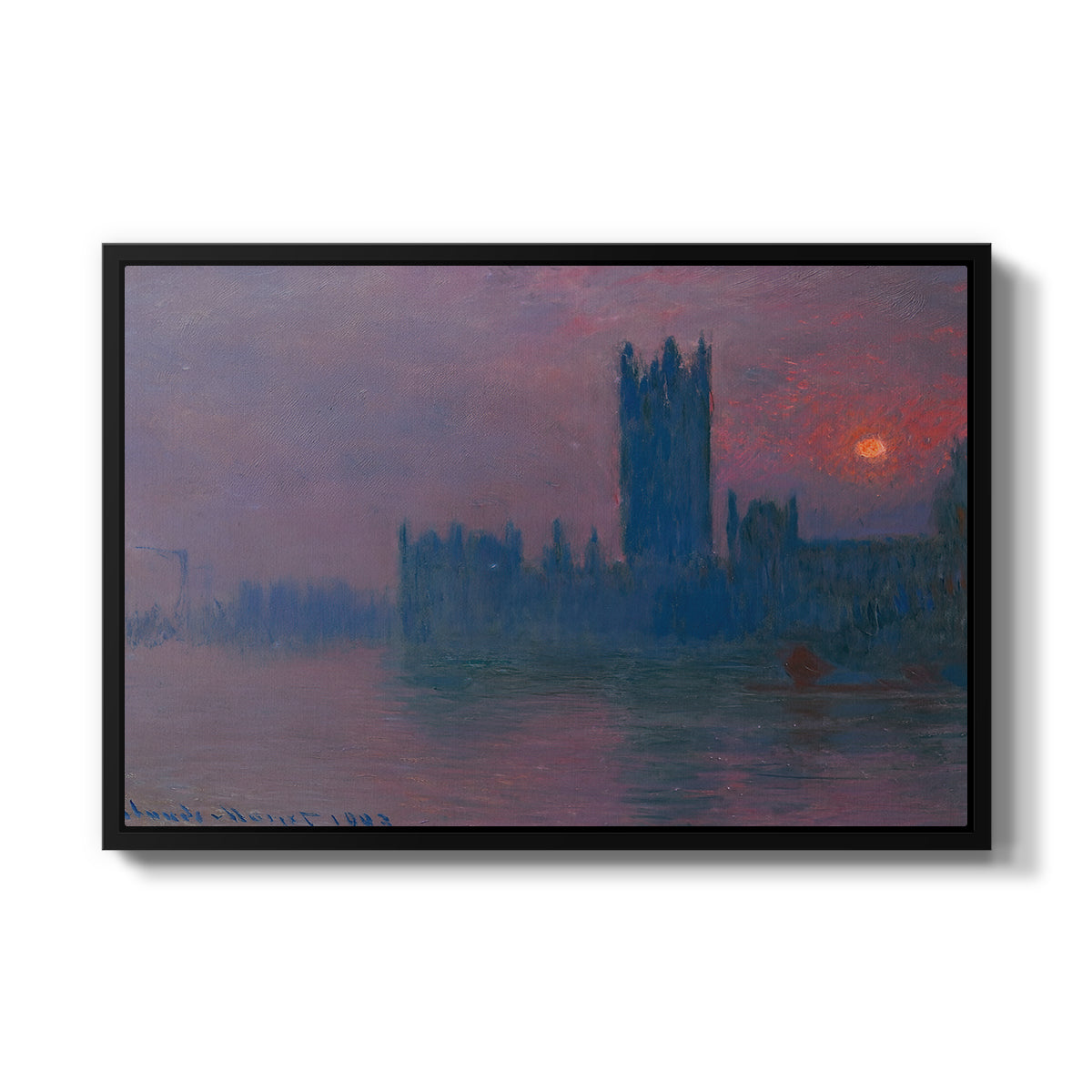 The Houses of Parliament, Sunset, 1903 by Claude Monet in a black floater framed canvas wall art display.