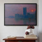 Black floater framed canvas featuring The Houses of Parliament, Sunset, 1903 by Claude Monet above an entryway table in a minimalist foyer.