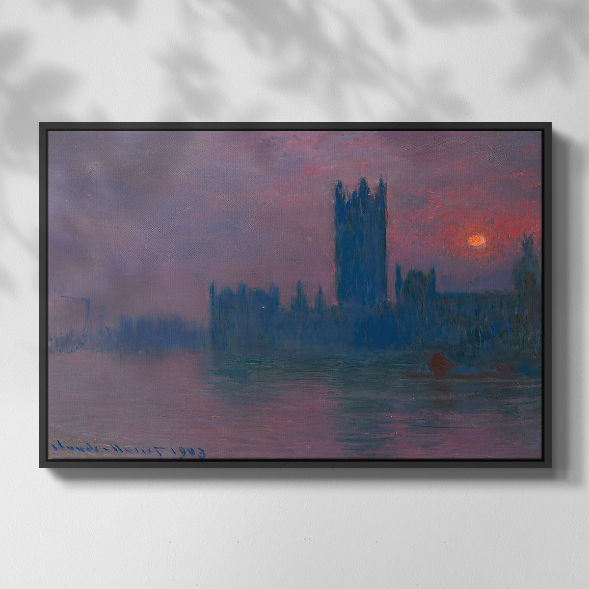 Front view of The Houses of Parliament, Sunset, 1903 by Claude Monet in a black floater framed canvas.