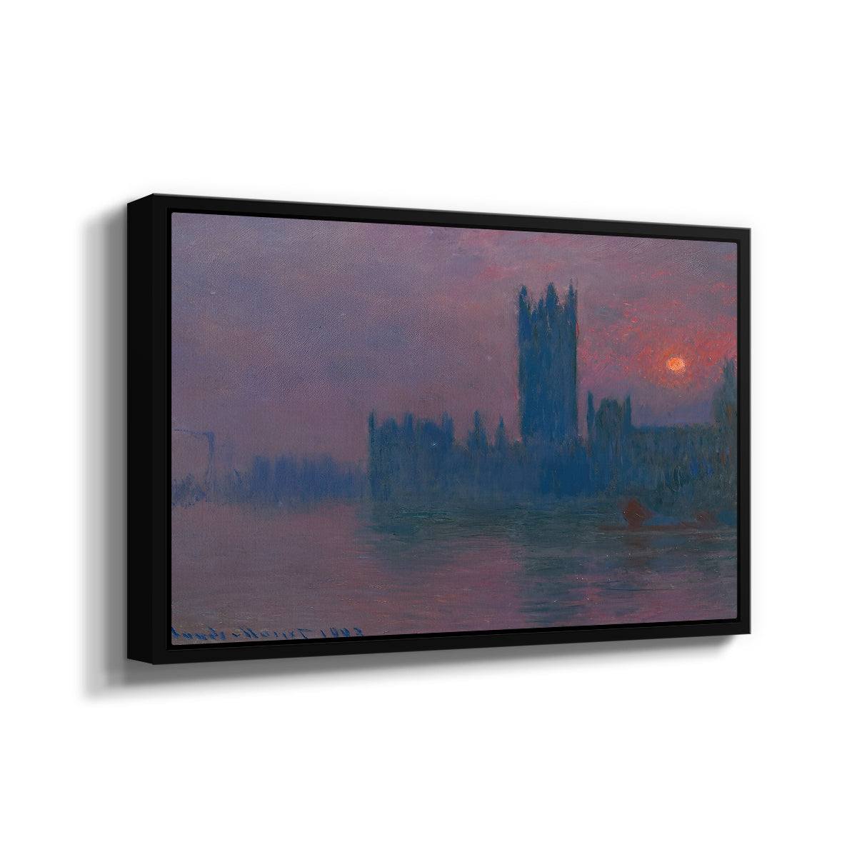 Angled view of The Houses of Parliament, Sunset, 1903 by Claude Monet in a black floater framed canvas.