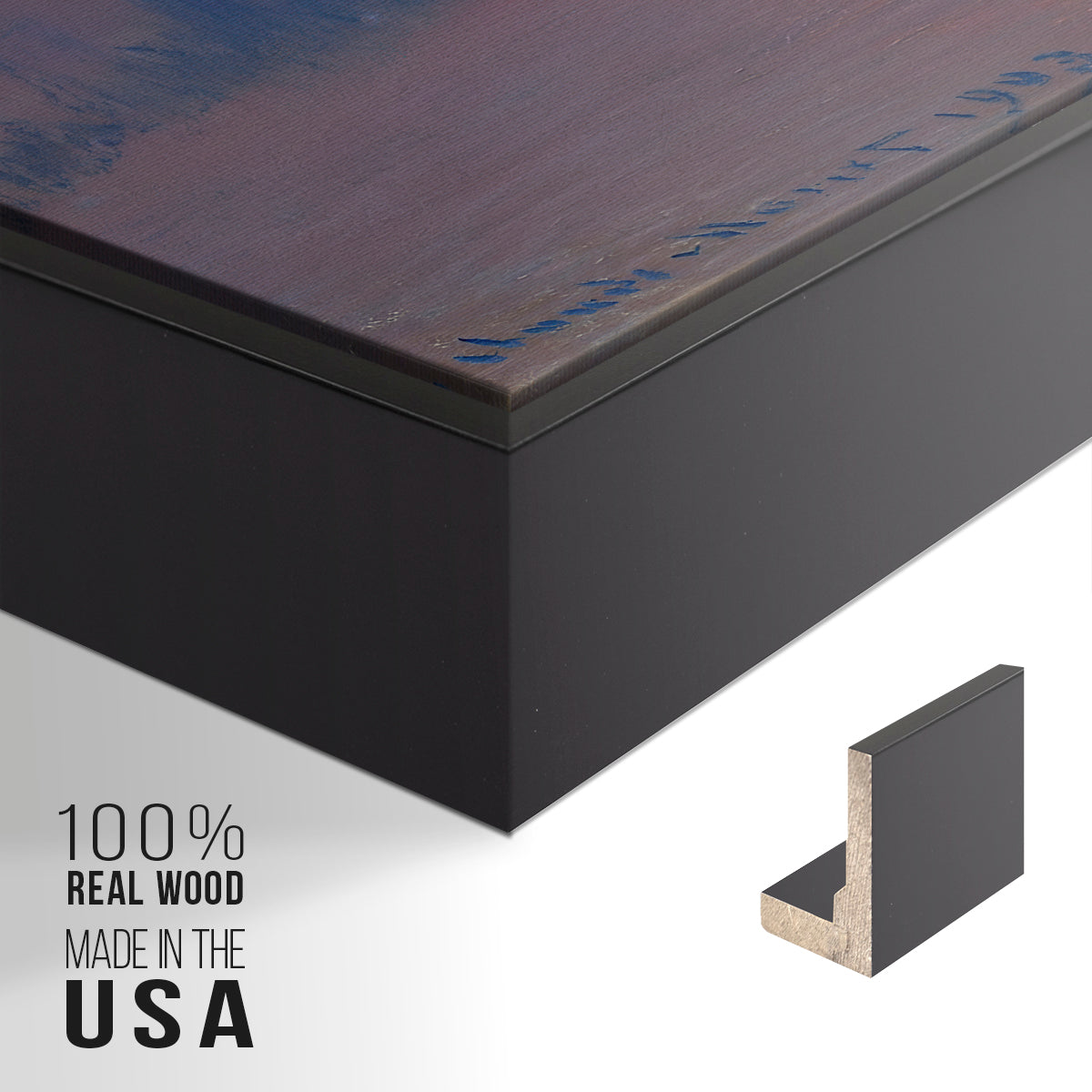 Close-up of the black floater frame corner and gallery wrapped canvas construction.