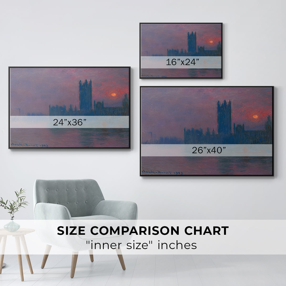 Size comparison chart for black floater framed canvas featuring The Houses of Parliament, Sunset, 1903 by Claude Monet.