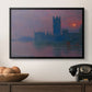 The Houses of Parliament, Sunset, 1903 by Claude Monet in a black floater framed canvas displayed above a console table in a hallway, featuring a dramatic skyline with reflections under colorful sky.