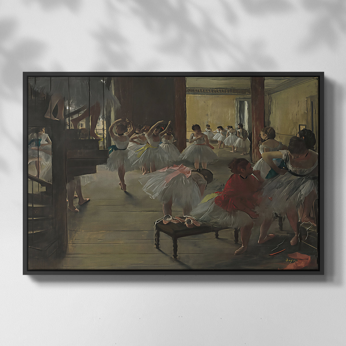 Front view of The Dance Class, c. 1873 by Edgar Degas in a black floater framed canvas.