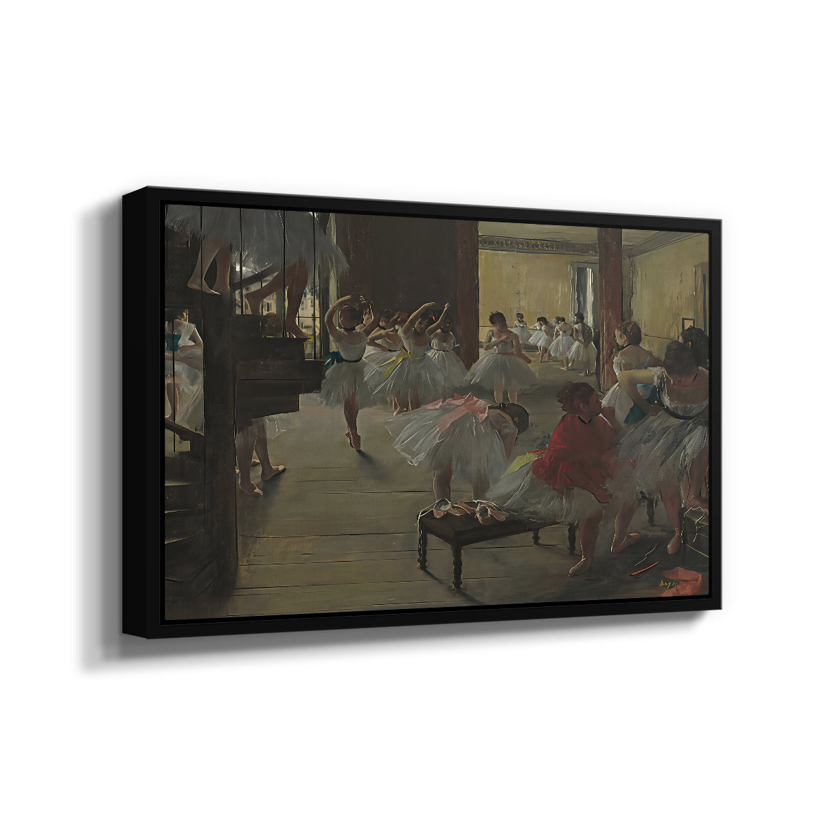 Angled view of The Dance Class, c. 1873 by Edgar Degas in a black floater framed canvas.