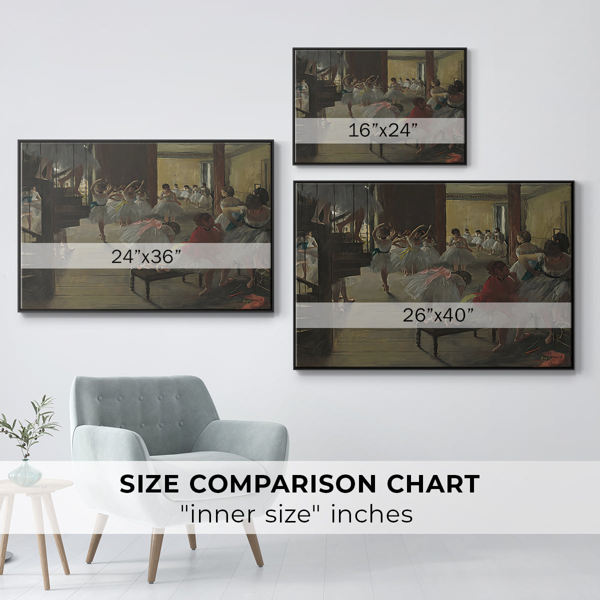 Size comparison chart for black floater framed canvas featuring The Dance Class, c. 1873 by Edgar Degas.