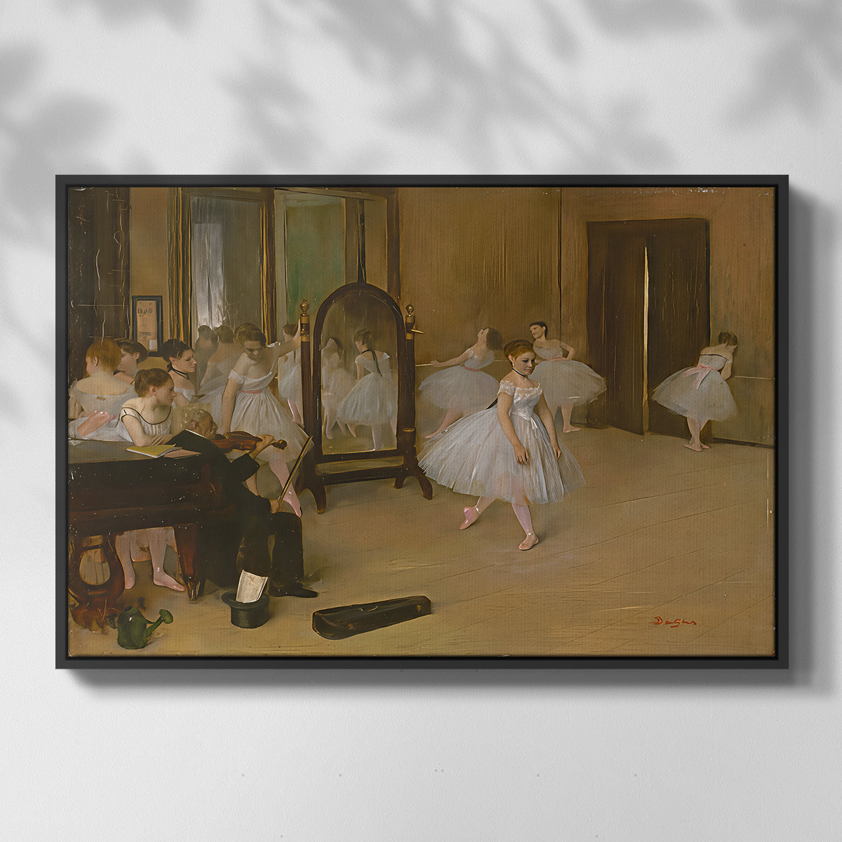 Front view of The Dancing Class, c. 1870 by Edgar Degas in a black floater framed canvas.