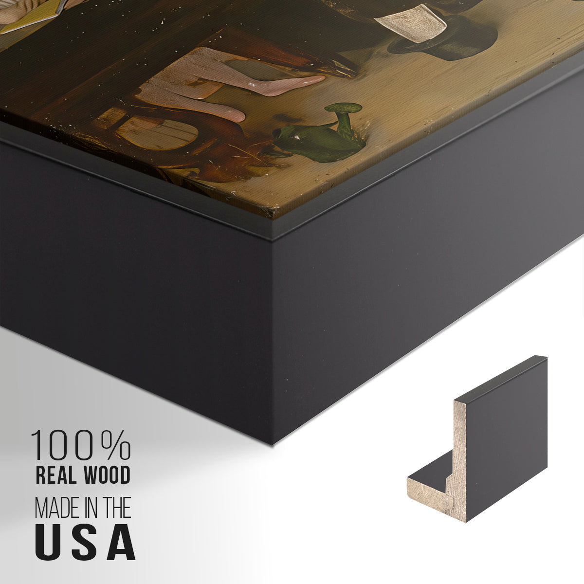 Close-up of the black floater frame corner and gallery wrapped canvas construction.