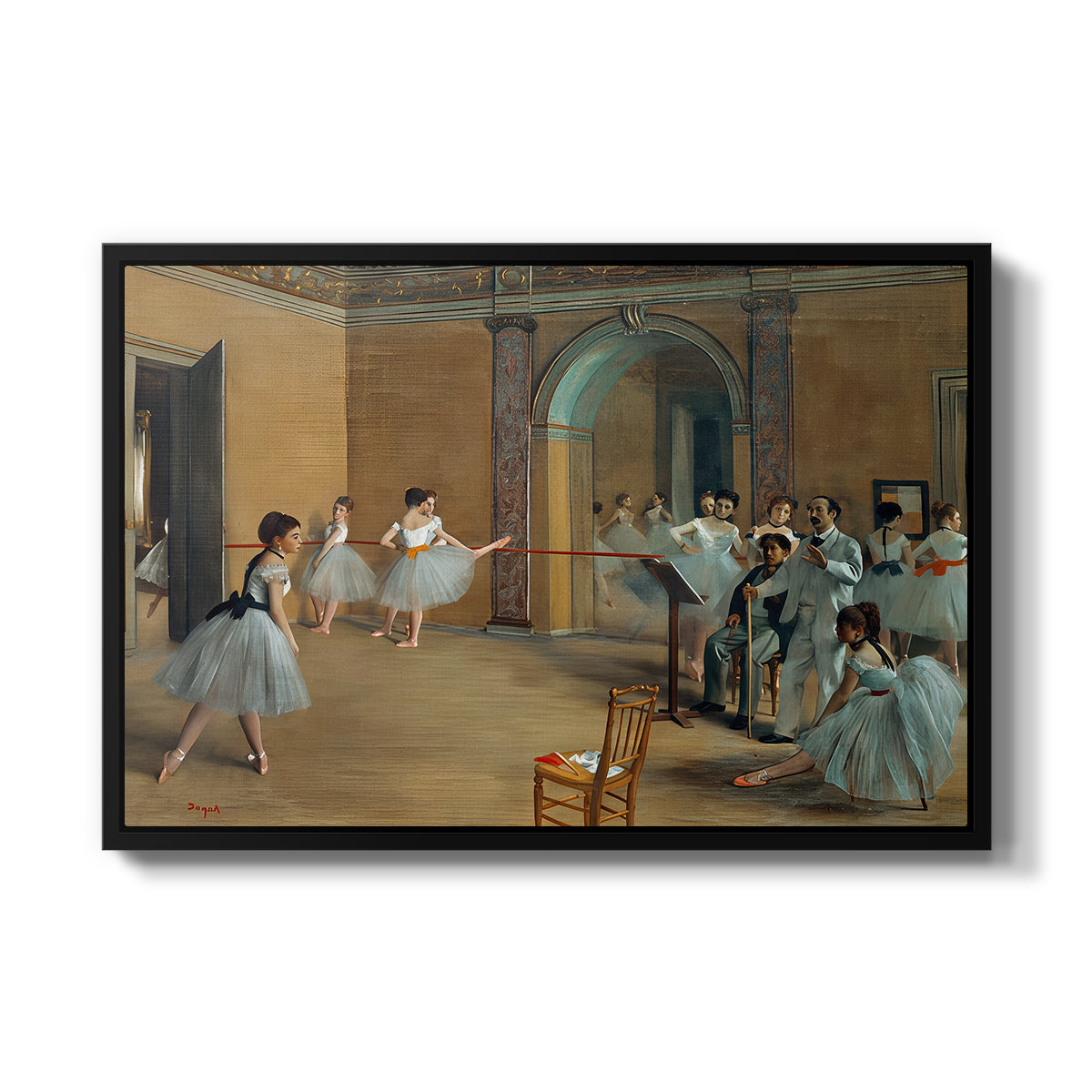 The Dance Foyer at the Opera on the Rue Le Peletier, 1872 by Edgar Degas in a black floater framed canvas wall art display.