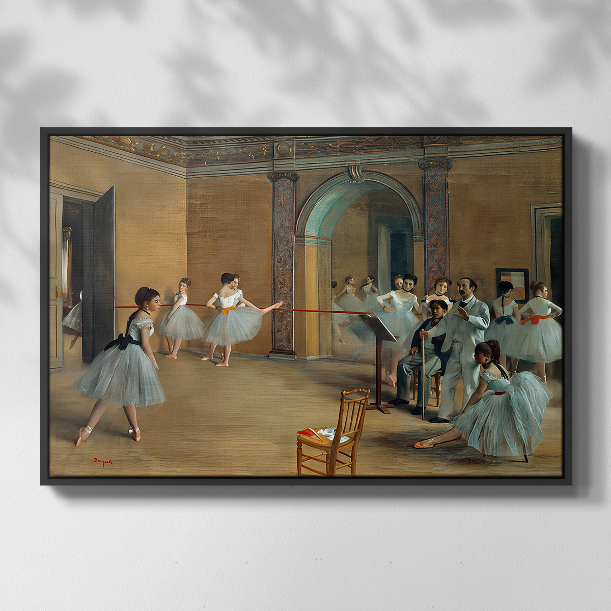 Front view of The Dance Foyer at the Opera on the Rue Le Peletier, 1872 by Edgar Degas in a black floater framed canvas.
