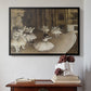 Black floater framed canvas featuring The Rehearsal of the Ballet Onstage, 1874 by Edgar Degas above an entryway table in a minimalist foyer.