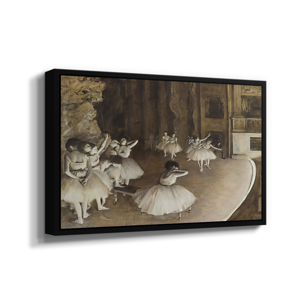 Angled view of The Rehearsal of the Ballet Onstage, 1874 by Edgar Degas in a black floater framed canvas.