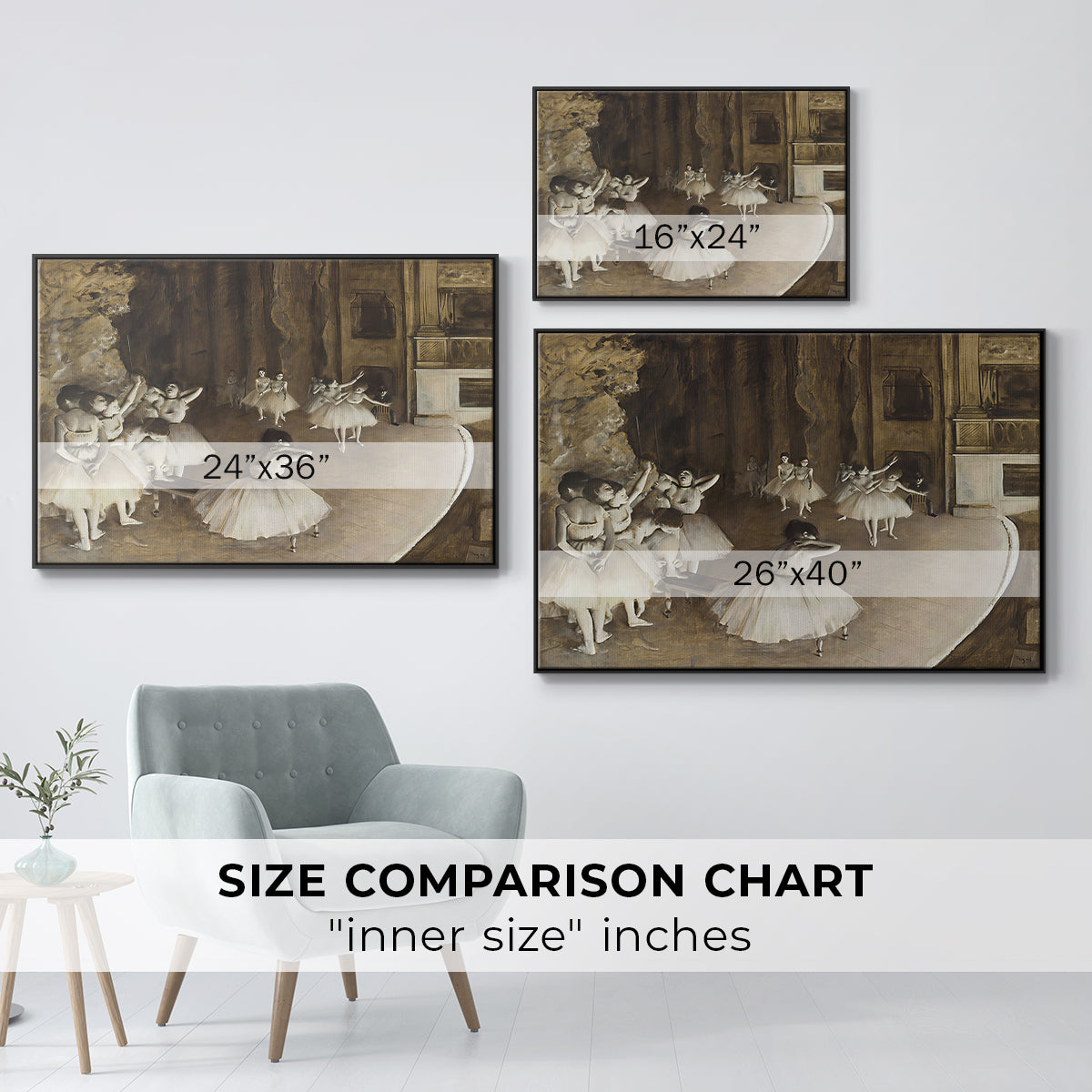 Size comparison chart for black floater framed canvas featuring The Rehearsal of the Ballet Onstage, 1874 by Edgar Degas.