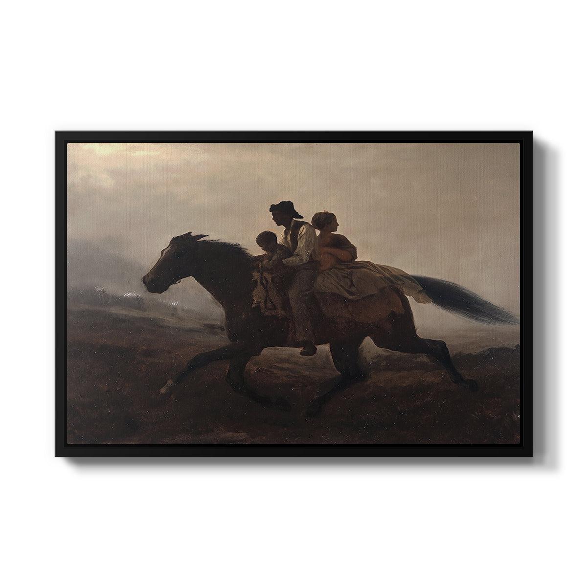 A Ride for Liberty – The Fugitive Slaves, c. 1862 by Eastman Johnson in a black floater framed canvas wall art display.