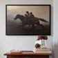Black floater framed canvas featuring A Ride for Liberty – The Fugitive Slaves, c. 1862 by Eastman Johnson above an entryway table in a minimalist foyer.