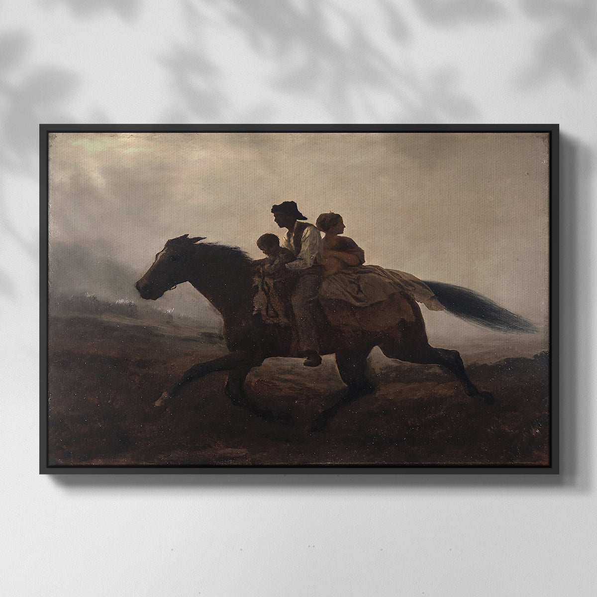 Front view of A Ride for Liberty – The Fugitive Slaves, c. 1862 by Eastman Johnson in a black floater framed canvas.