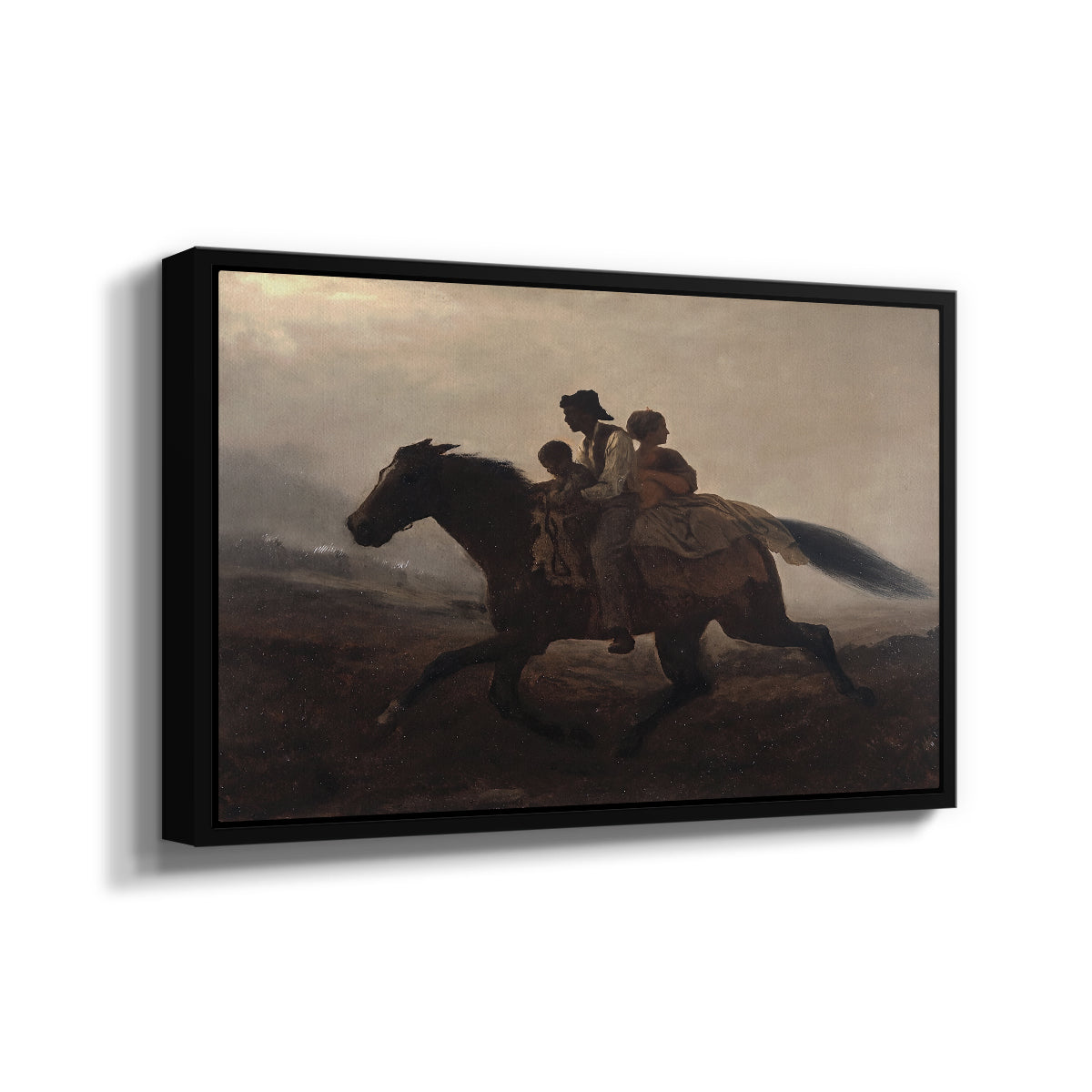 Angled view of A Ride for Liberty – The Fugitive Slaves, c. 1862 by Eastman Johnson in a black floater framed canvas.