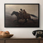 A Ride for Liberty – The Fugitive Slaves, c. 1862 by Eastman Johnson in a black floater framed canvas displayed above a console table in a hallway, featuring figures on horse moving swiftly through shadowy landscape.