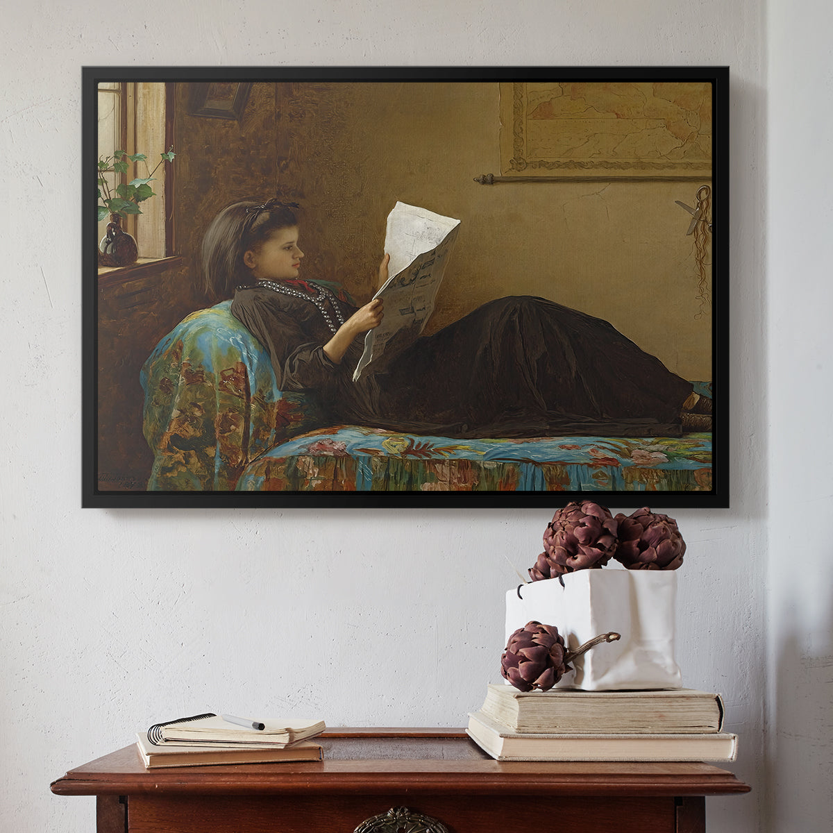 Black floater framed canvas featuring Interesting News, 1872 by Eastman Johnson above an entryway table in a minimalist foyer.