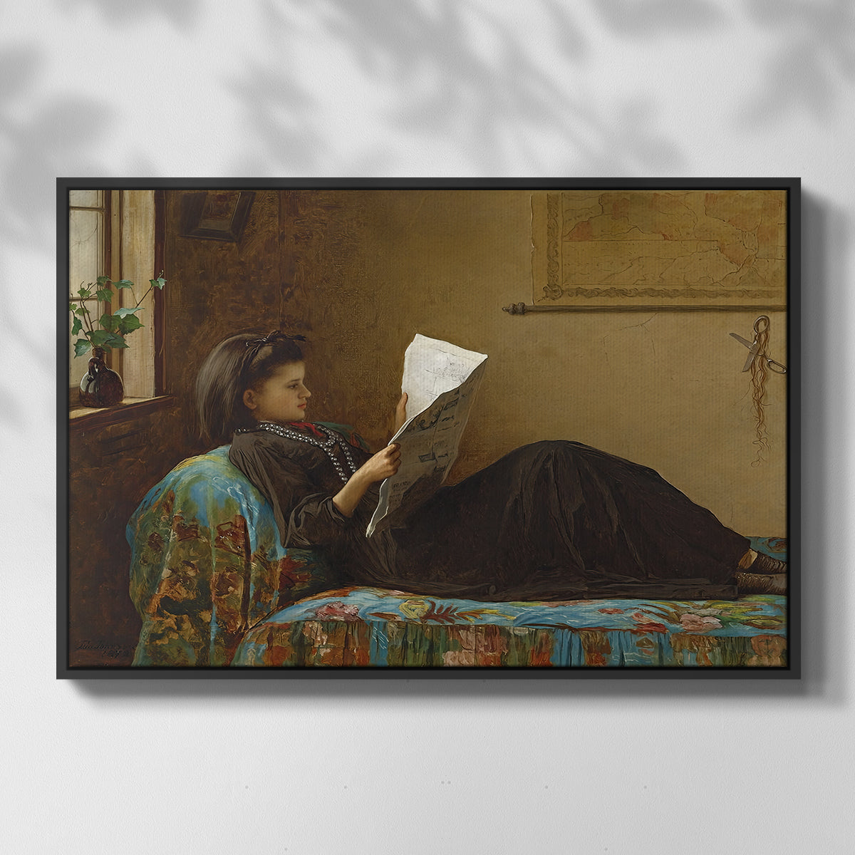 Front view of Interesting News, 1872 by Eastman Johnson in a black floater framed canvas.