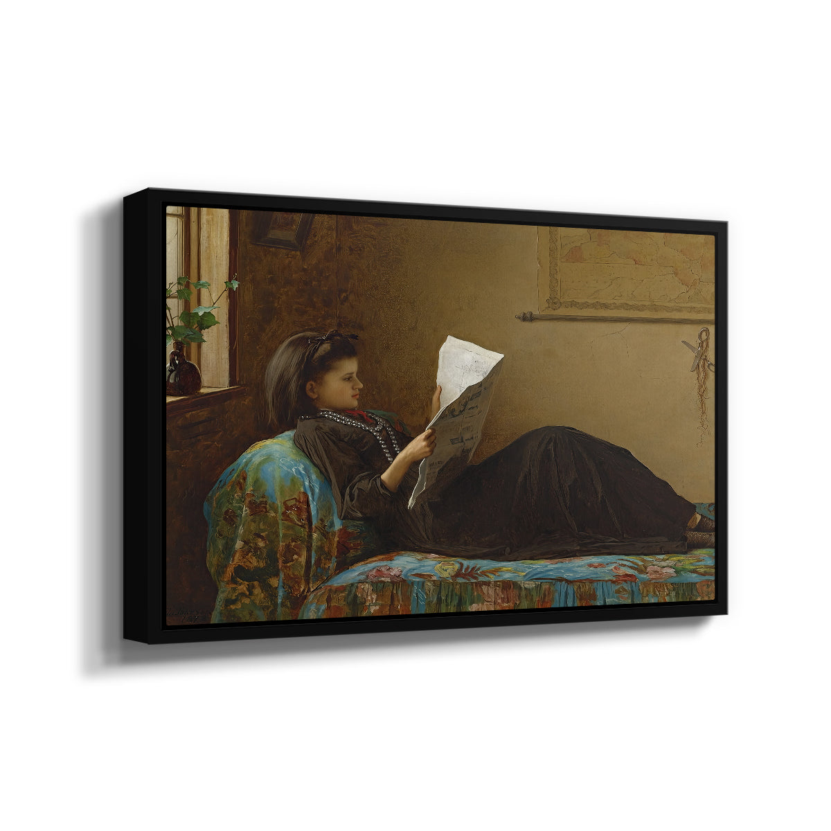 Angled view of Interesting News, 1872 by Eastman Johnson in a black floater framed canvas.