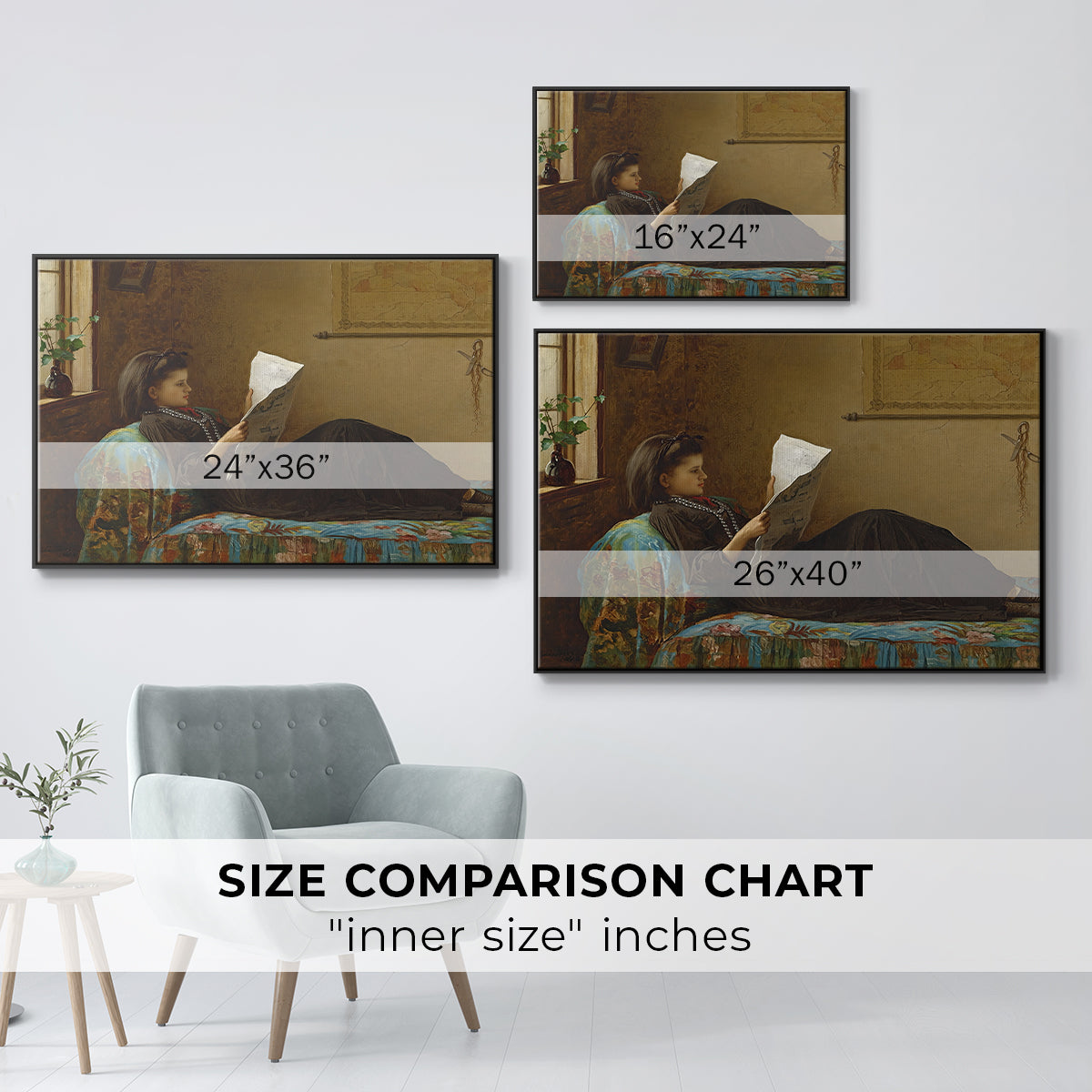 Size comparison chart for black floater framed canvas featuring Interesting News, 1872 by Eastman Johnson.
